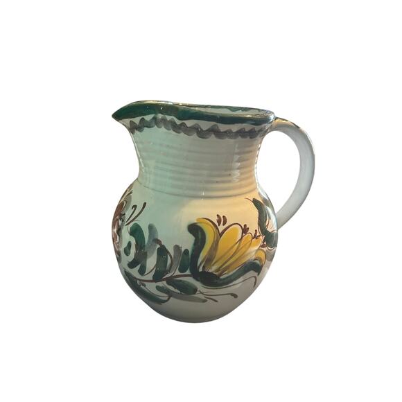 Vintage Berkshire Pottery Hand Painted Pitcher Green Flowers Handle 6" - Picture 2 of 6